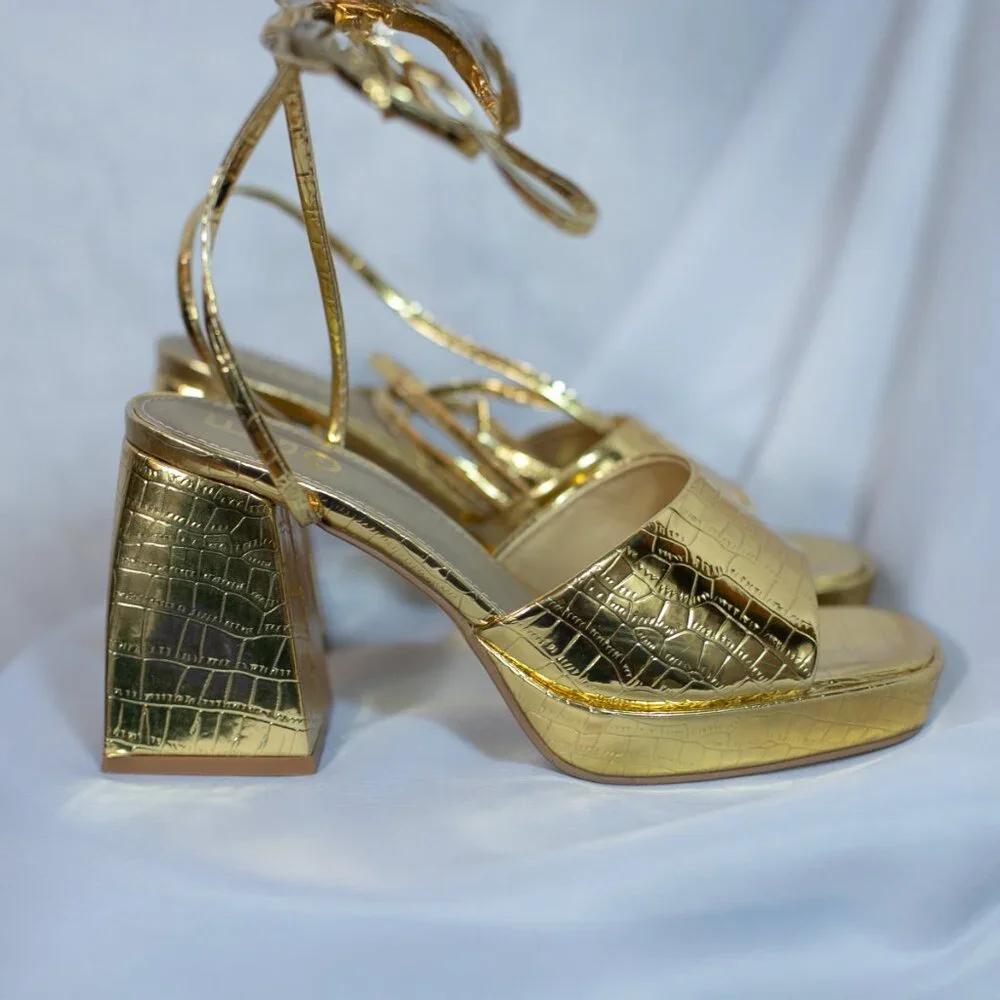 EGO Dreamer Womens Gold Croc Block Platform Heels Shoes Lace Up Size US 8M